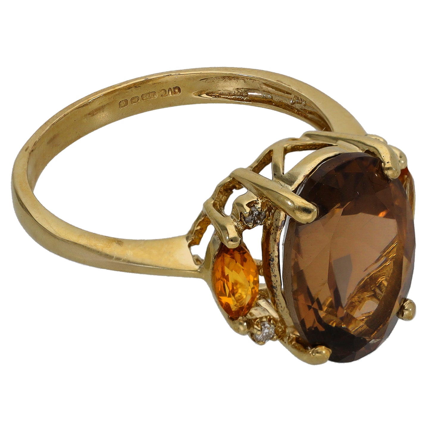 9ct Gold Smoky Quartz, Citrine & 0.02ct Diamond Dress/Cocktail Ring Size S
