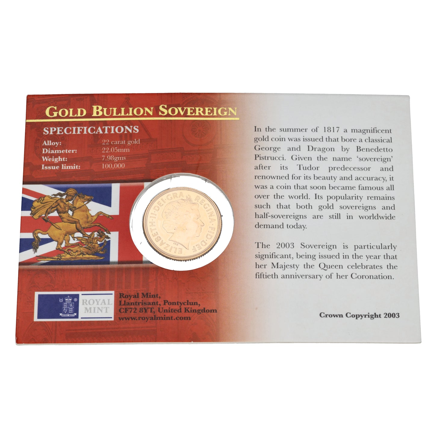 22ct Gold Queen Elizabeth II Full Sovereign Coin 2003