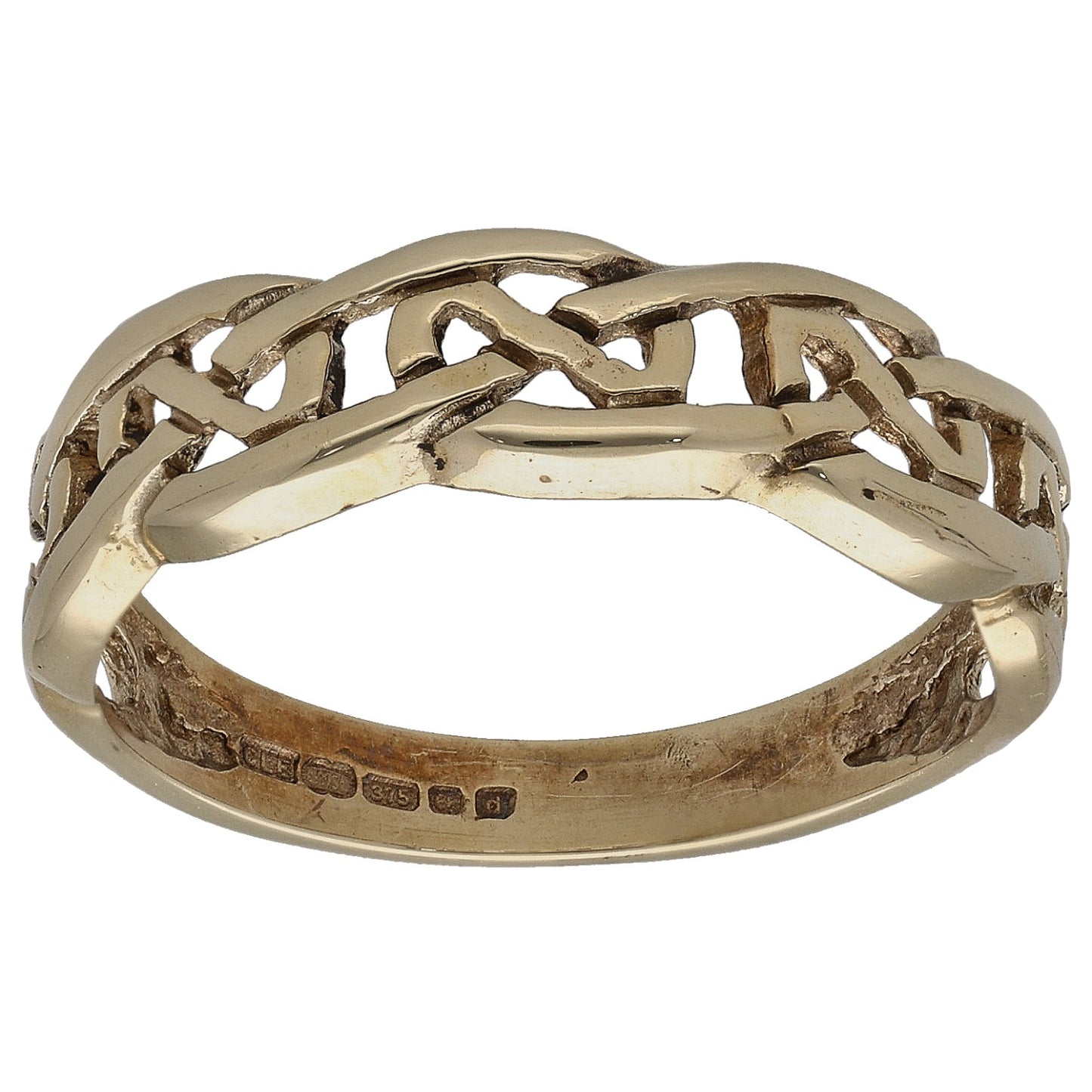Gold-tone openwork ring with interlocking link pattern, polished band with inner markings