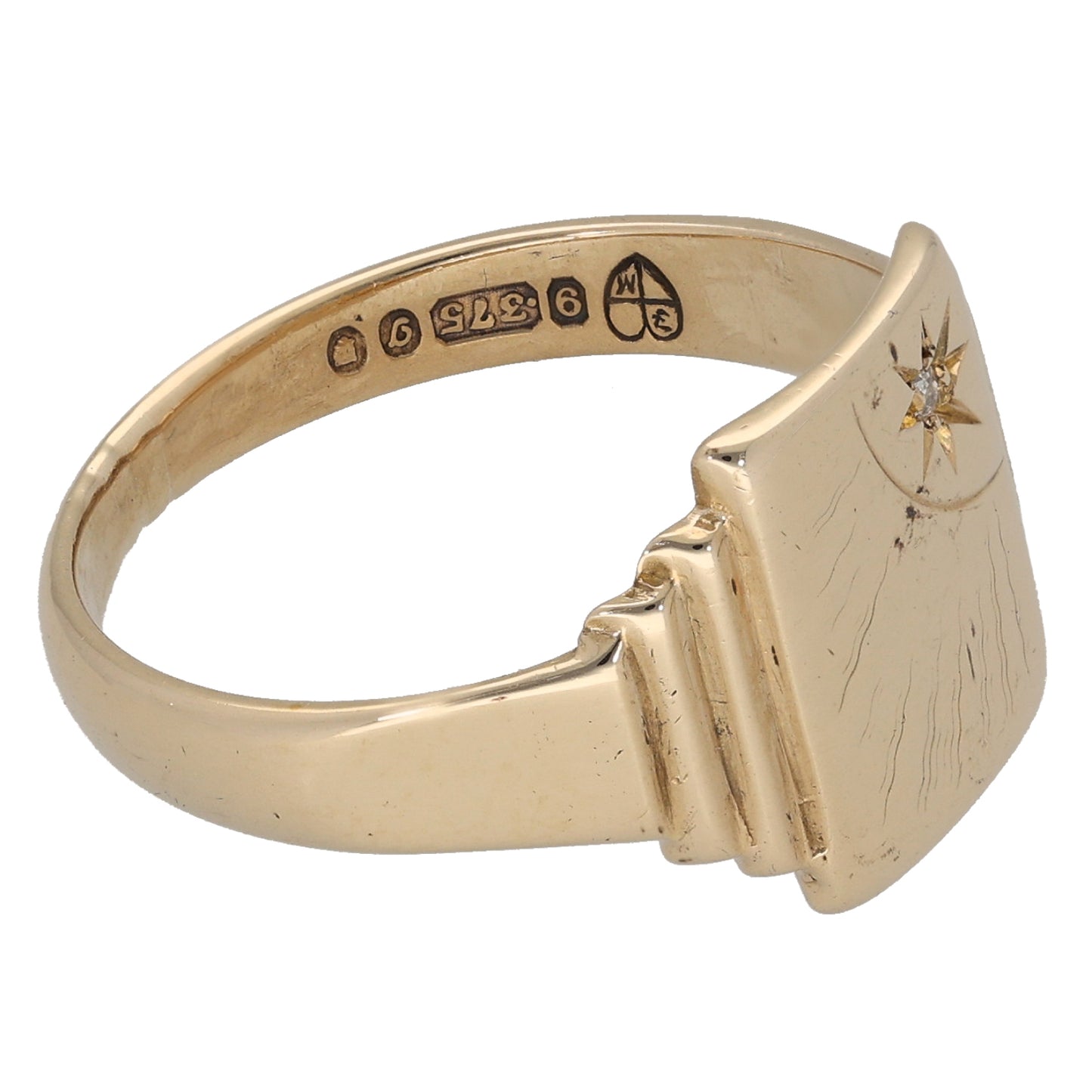 9ct Gold 0.01ct Diamond Patterned Signet Ring Size T