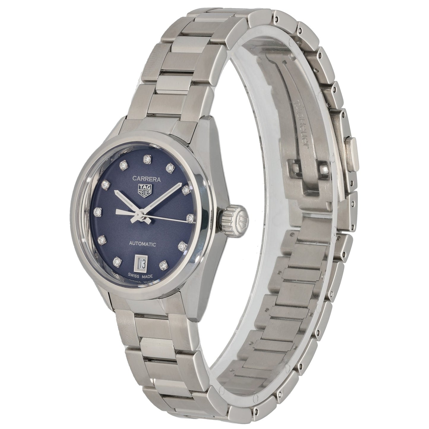 Stainless steel Tag Heuer Carrera WBN2413 automatic watch with blue dial, crown detail, linked bracelet