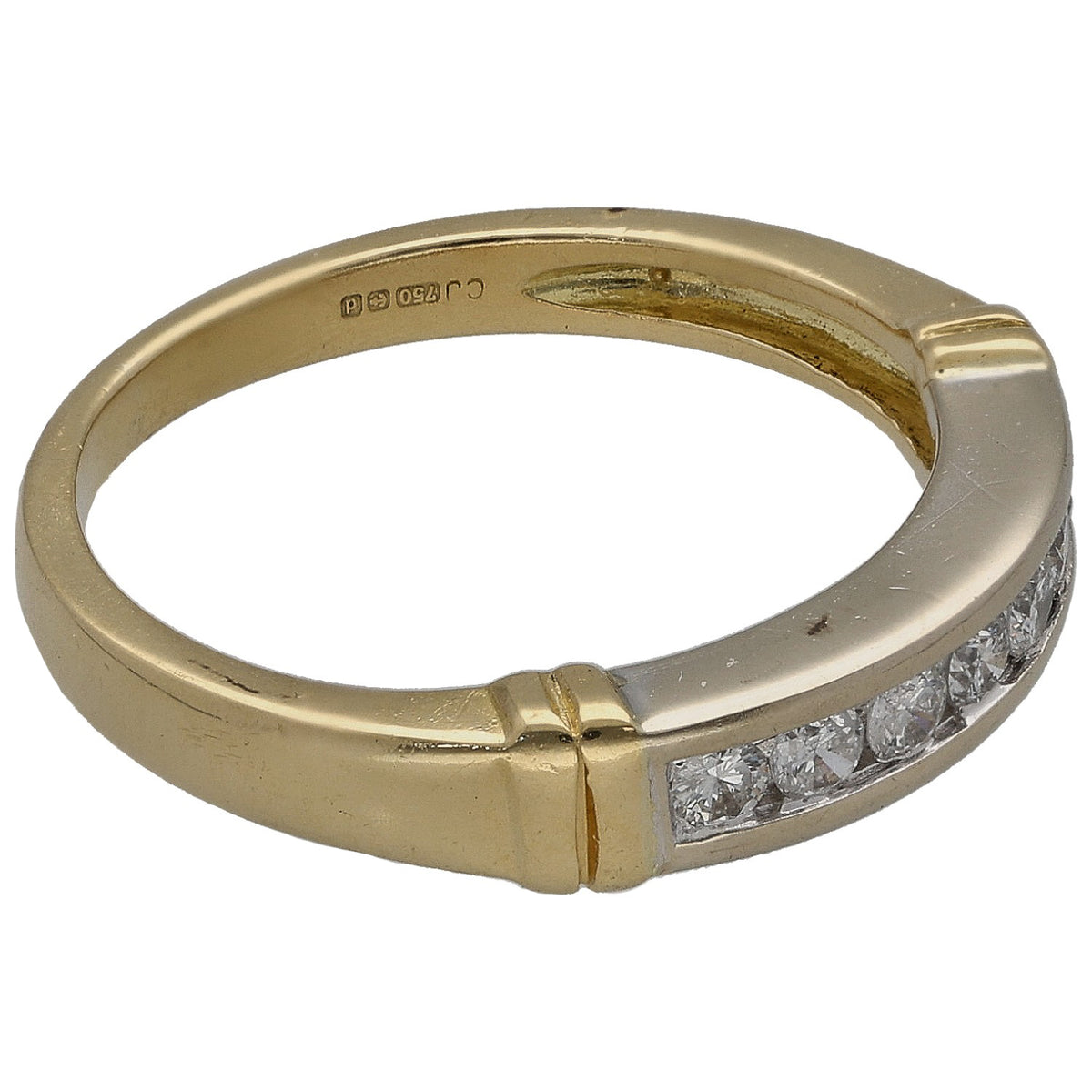 Gold half eternity diamond ring, round stones set on the side of the band