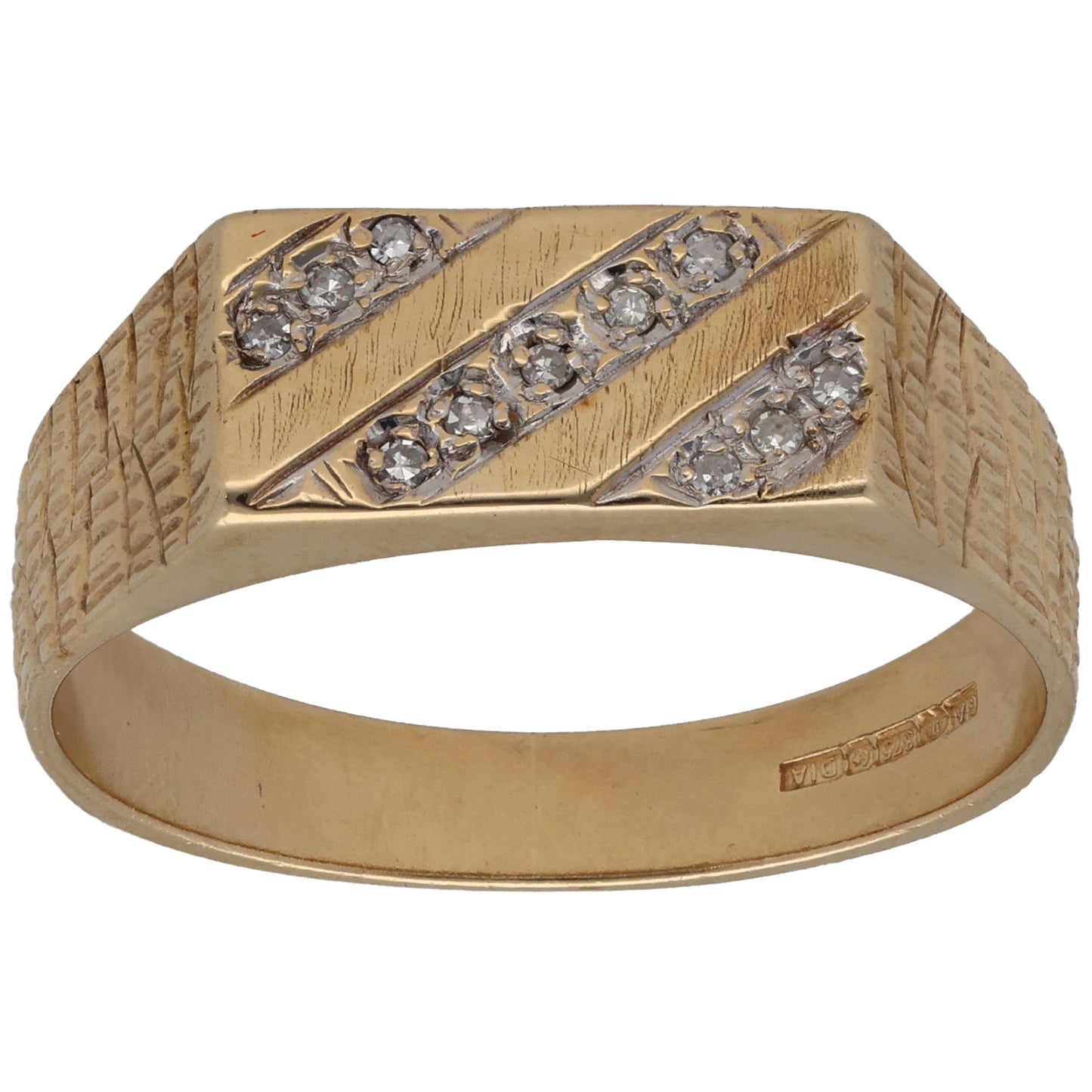 9ct Gold 0.055ct Diamond Patterned Signet Ring Size W