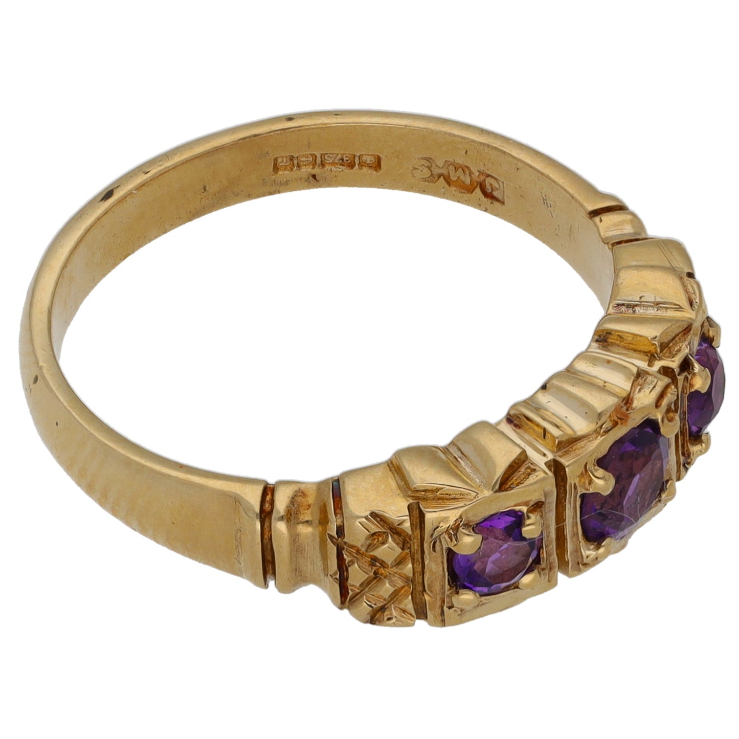 9ct Gold Amethyst Three Stone Ring Size N