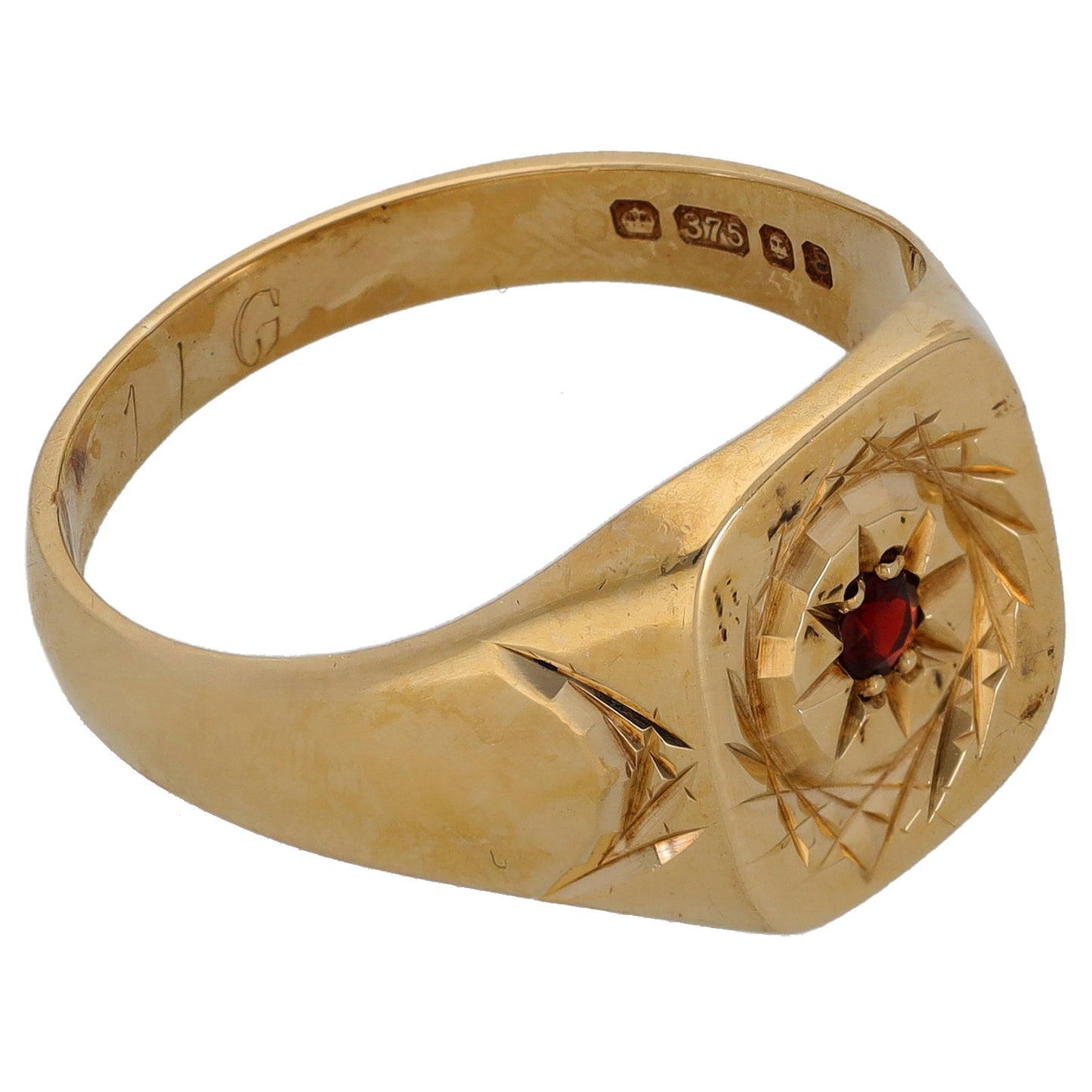 9ct Gold Garnet Single Stone Patterned Signet Ring Size W