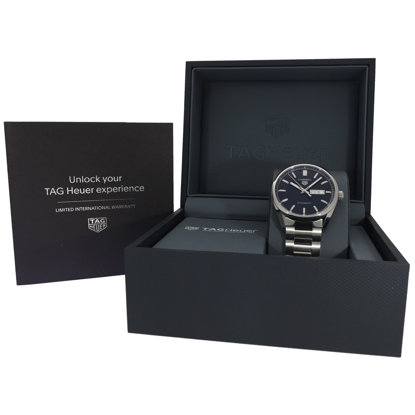 Tag Heuer Carrera WBN2012 stainless steel watch with navy dial in black presentation box