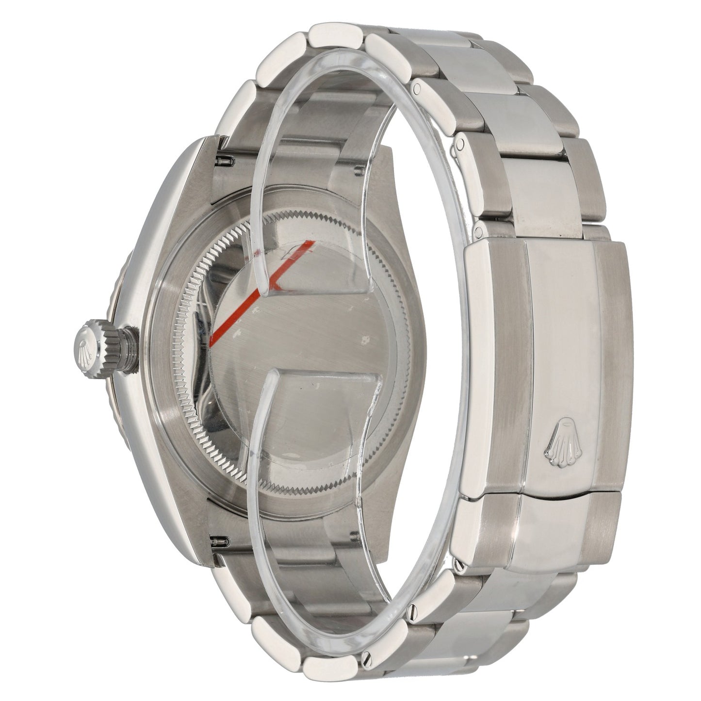 Rolex Sky Dweller 326934 Stainless steel watch side view with visible glass and crown, steel bracelet