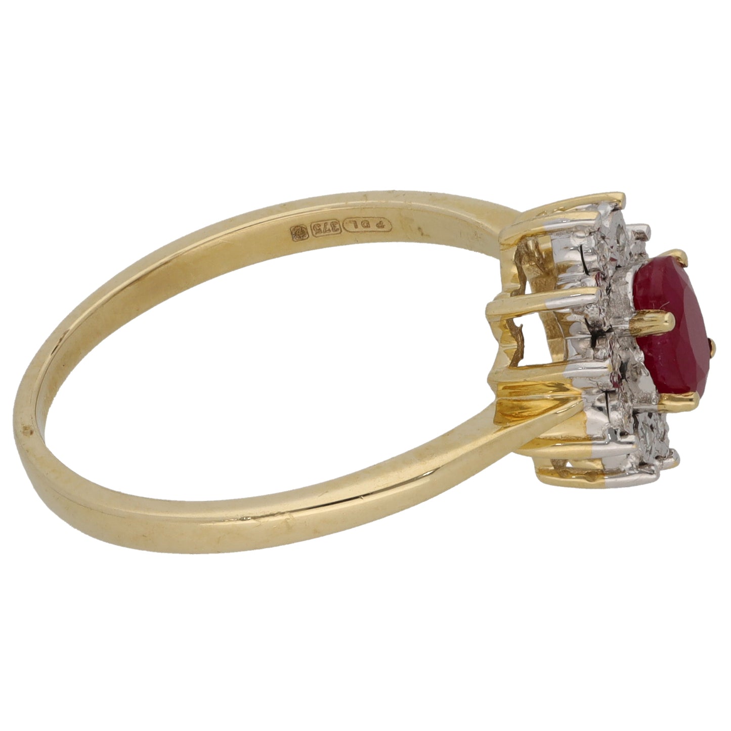 9ct Gold Glass Filled Ruby & 0.05ct Diamond Cluster Ring Size R