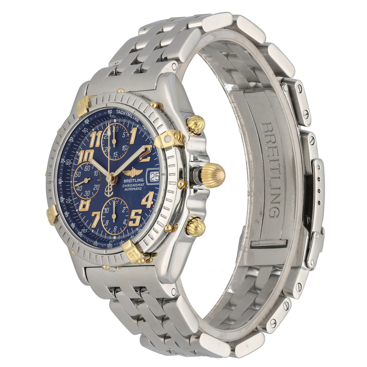 Breitling Chronomat B13050.1 Bi-colour chronograph watch on steel link bracelet, blue dial and gold pushers.