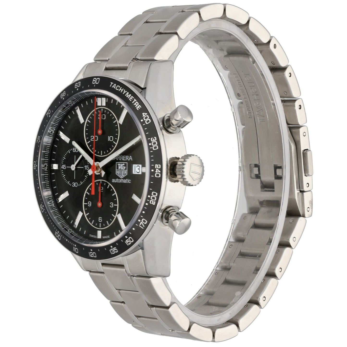 Tag Heuer Carrera CV2014-3 Stainless steel watch side view with crowns and pushers, black dial, metal bracelet