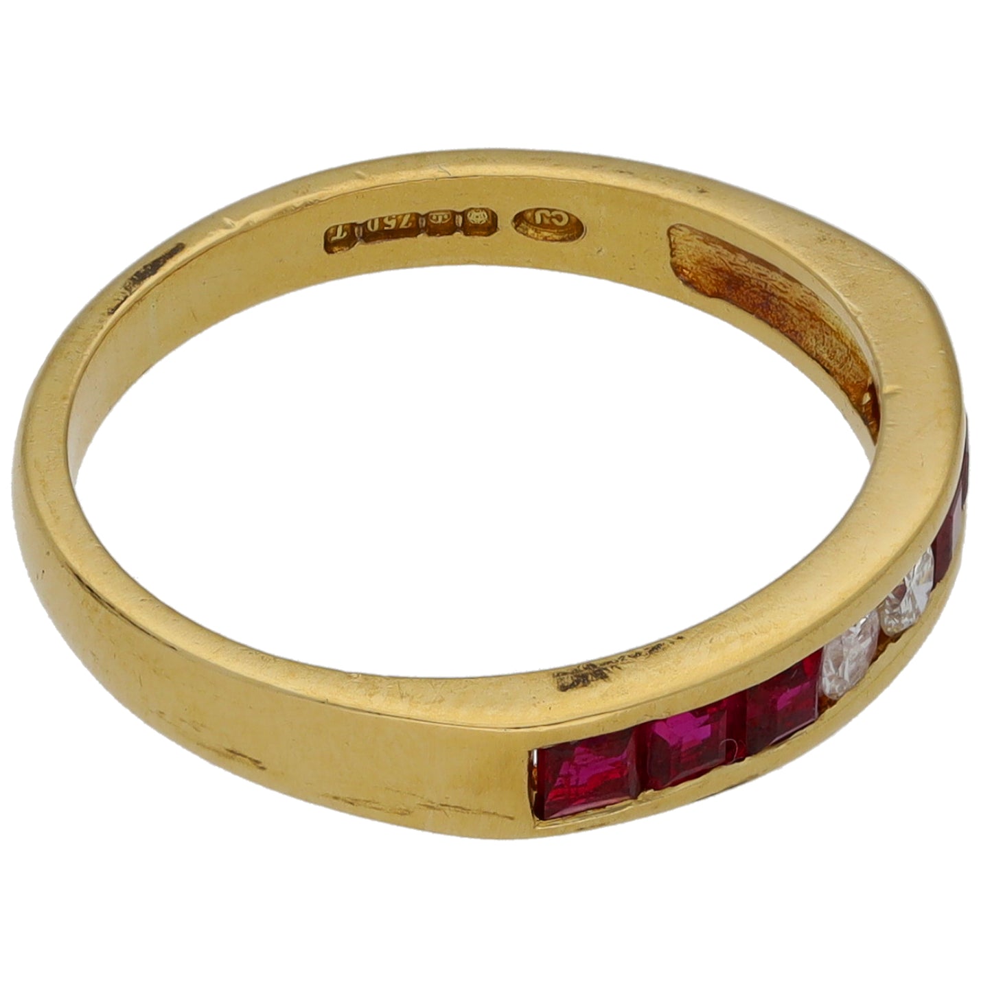 18ct Gold Glass Filled Ruby & 0.08ct Diamond Half Eternity Ring Size M