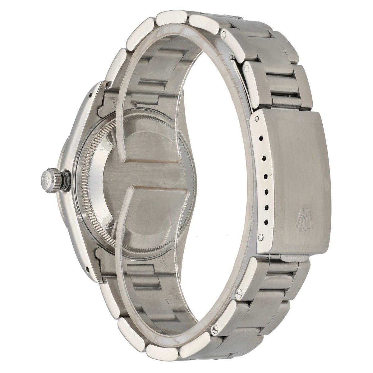 Rolex Date 15200, 34mm stainless steel case and link bracelet, rear of watch