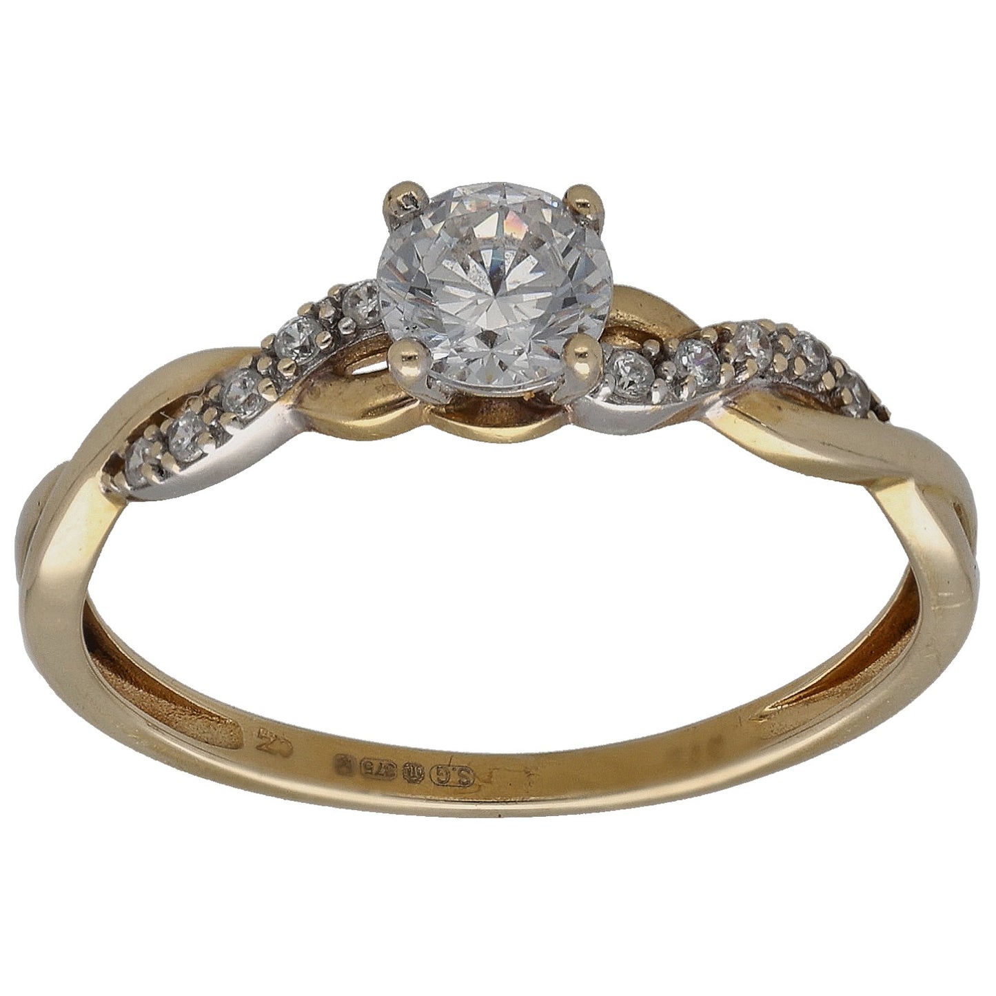 Gold CZ single-stone ring with diamond-like side accents and round center stone