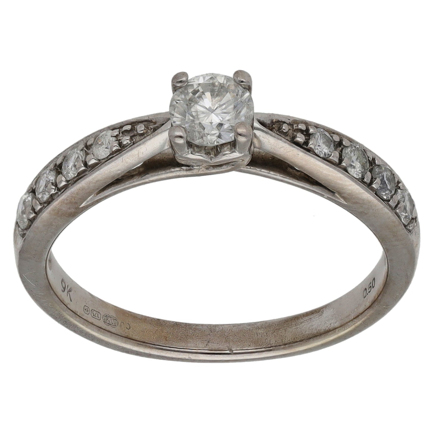 9ct White Gold 0.50ct Diamond Solitaire Ring With Accent Stones Size N