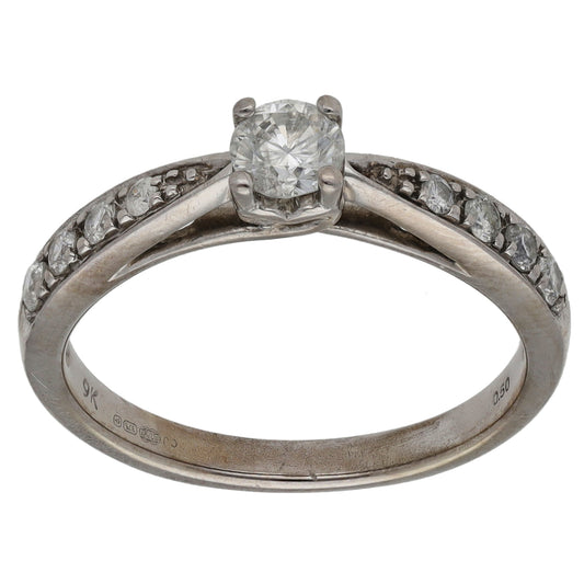 9ct White Gold 0.50ct Diamond Solitaire Ring With Accent Stones Size N