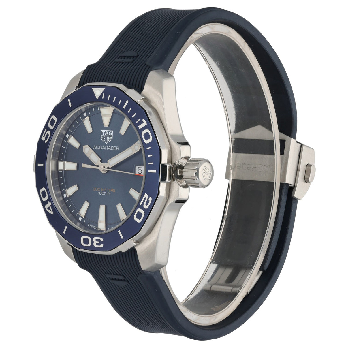 Tag Heuer Aquaracer WAY111C, blue dialed watch with darker blue rubber bracelet, crown image
