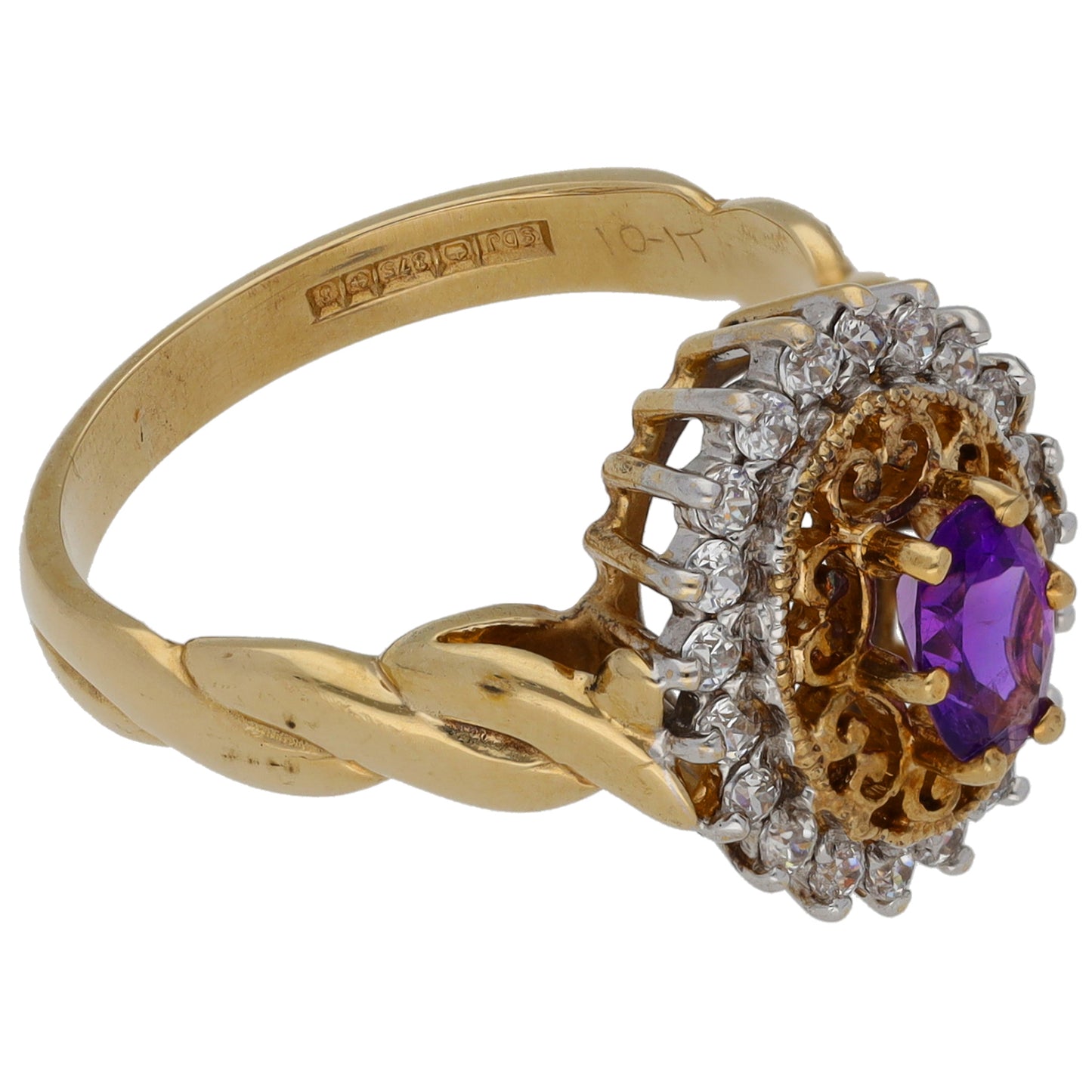 9ct Gold Amethyst & Cubic Zirconia Dress/Cocktail Ring Size M
