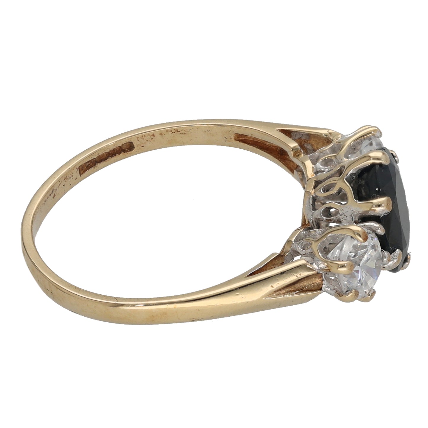 9ct Gold Sapphire & Cubic Zirconia Three Stone Ring Size M