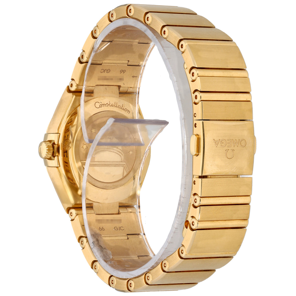 Omega Constellation 131.55.28.60.55.002 Gold-tone wristwatch caseback with see-through bezel window and bracelet links