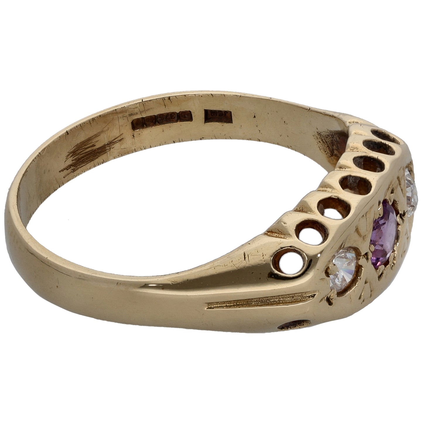 9ct Gold Amethyst & Cubic Zirconia Trilogy Ring Size O