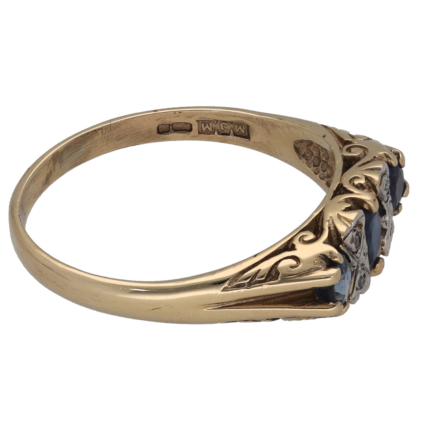 9ct Gold Sapphire & 0.02ct Diamond Trilogy Ring Size U