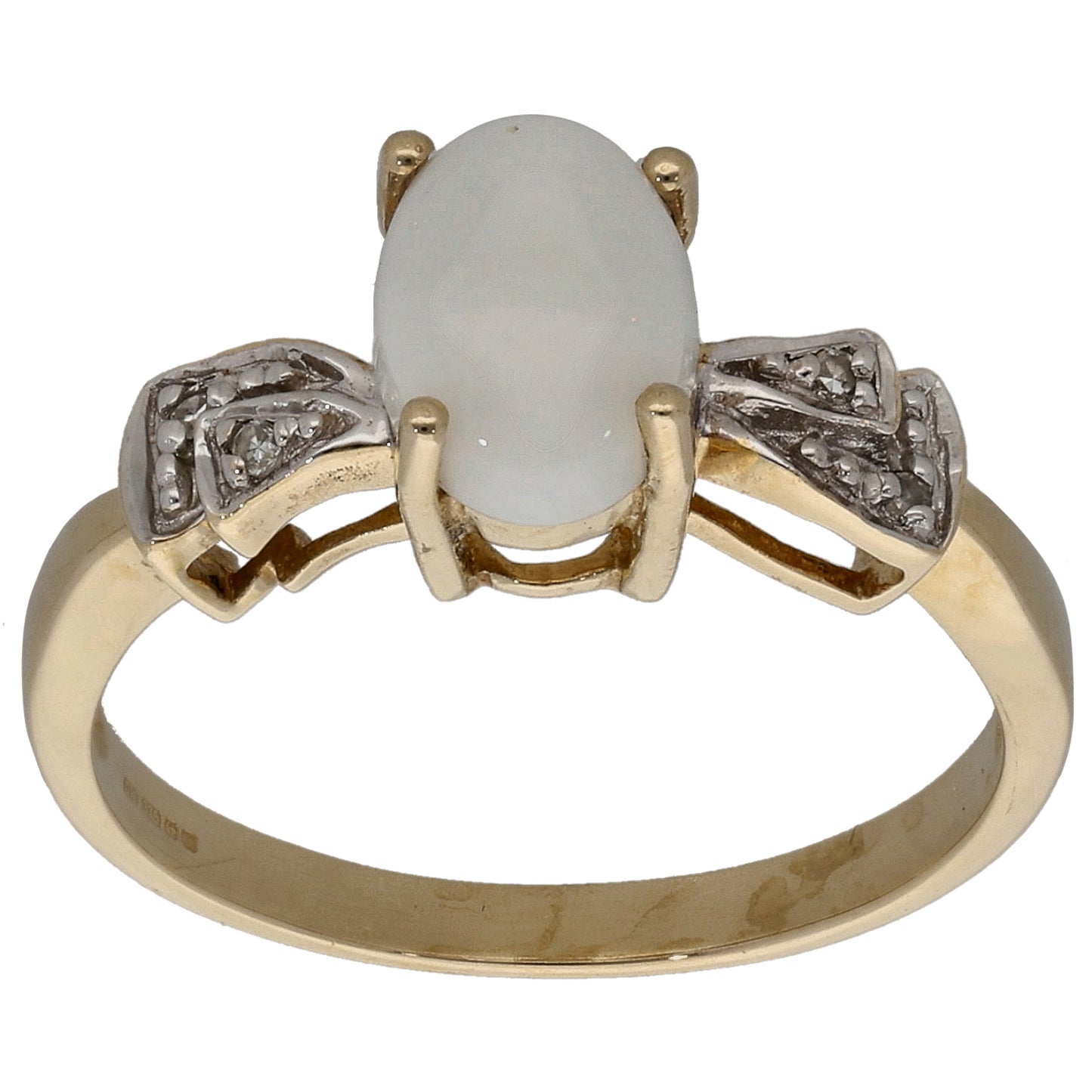 9ct Gold Opal & 0.02ct Diamond Single Stone Ring with Accent Stones Size N