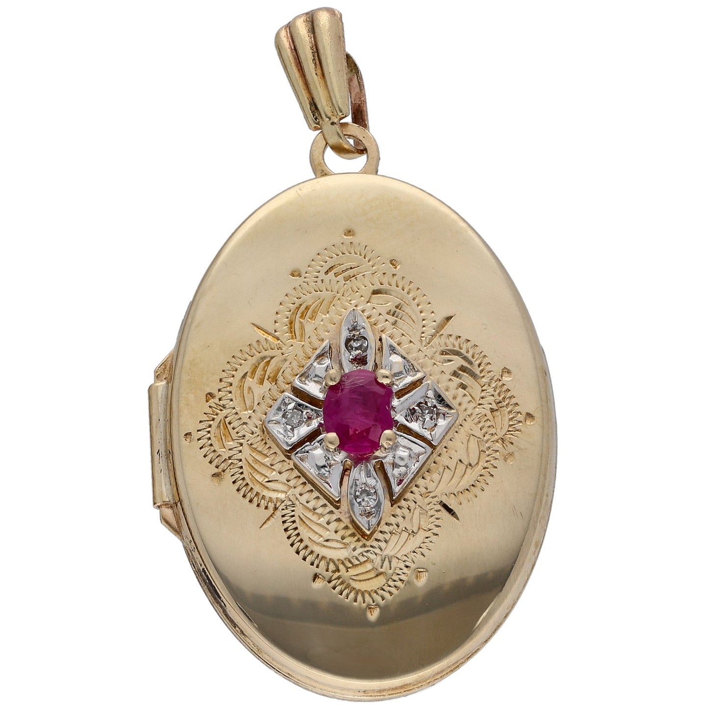 9ct Gold Ruby & 0.02ct Diamond Patterned Locket Pendant