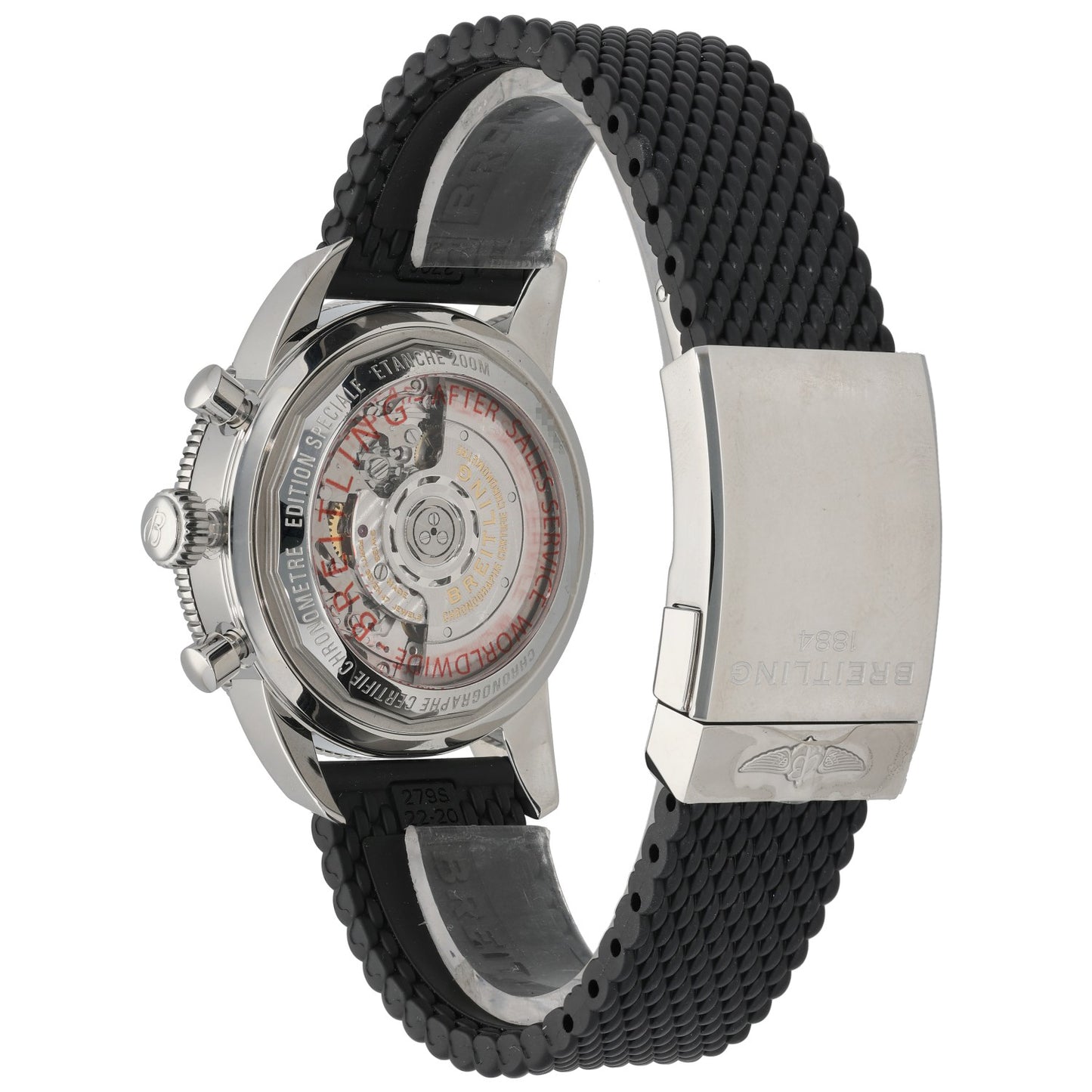 Breitling Vintage AB0162 Stainless steel watch with transparent caseback, black woven strap, crown and pushers