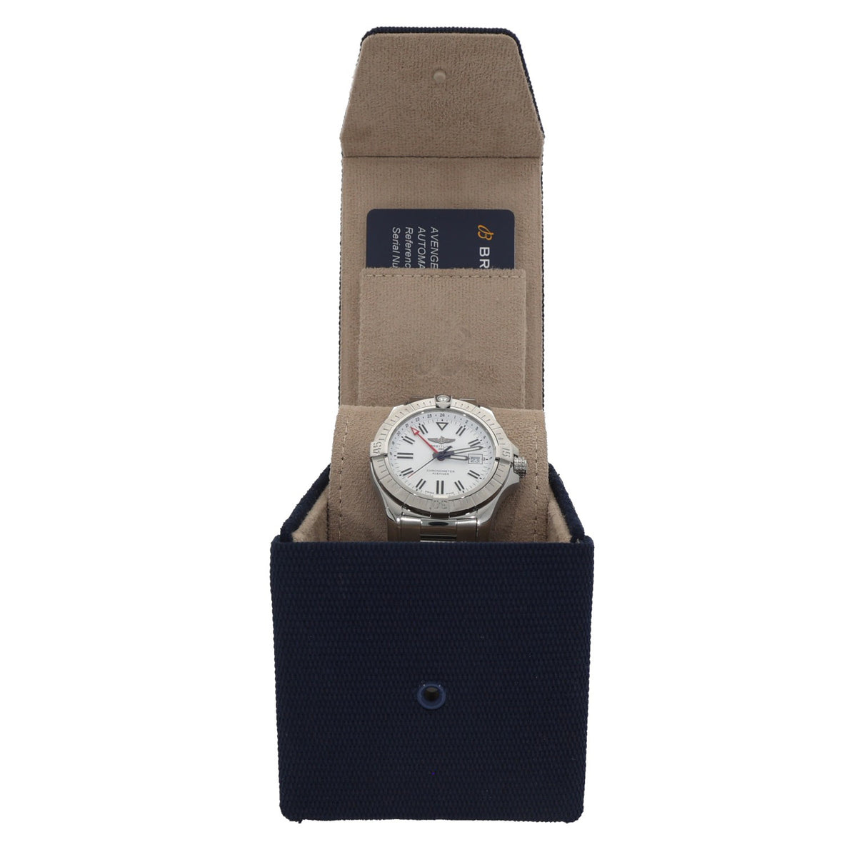 Breitling Avenger A32397 stainless steel watch resting in dark blue pouch with brown strap