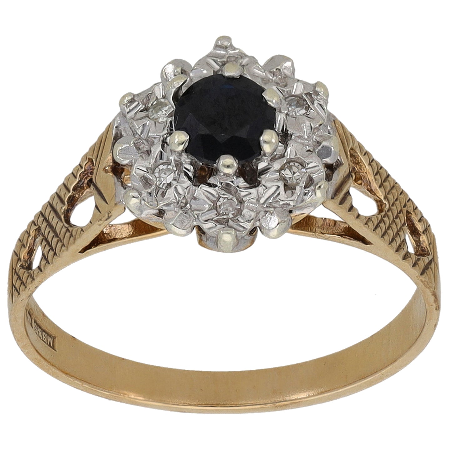 9ct Gold Sapphire & 0.06ct Diamond Cluster Ring Size L