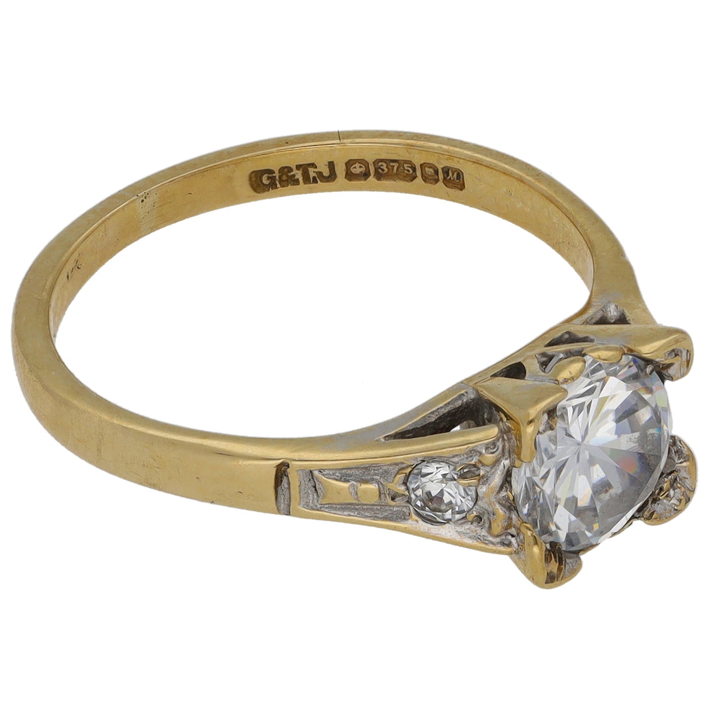 9ct Gold Cubic Zirconia Single Stone Ring with Accent Stones Size K