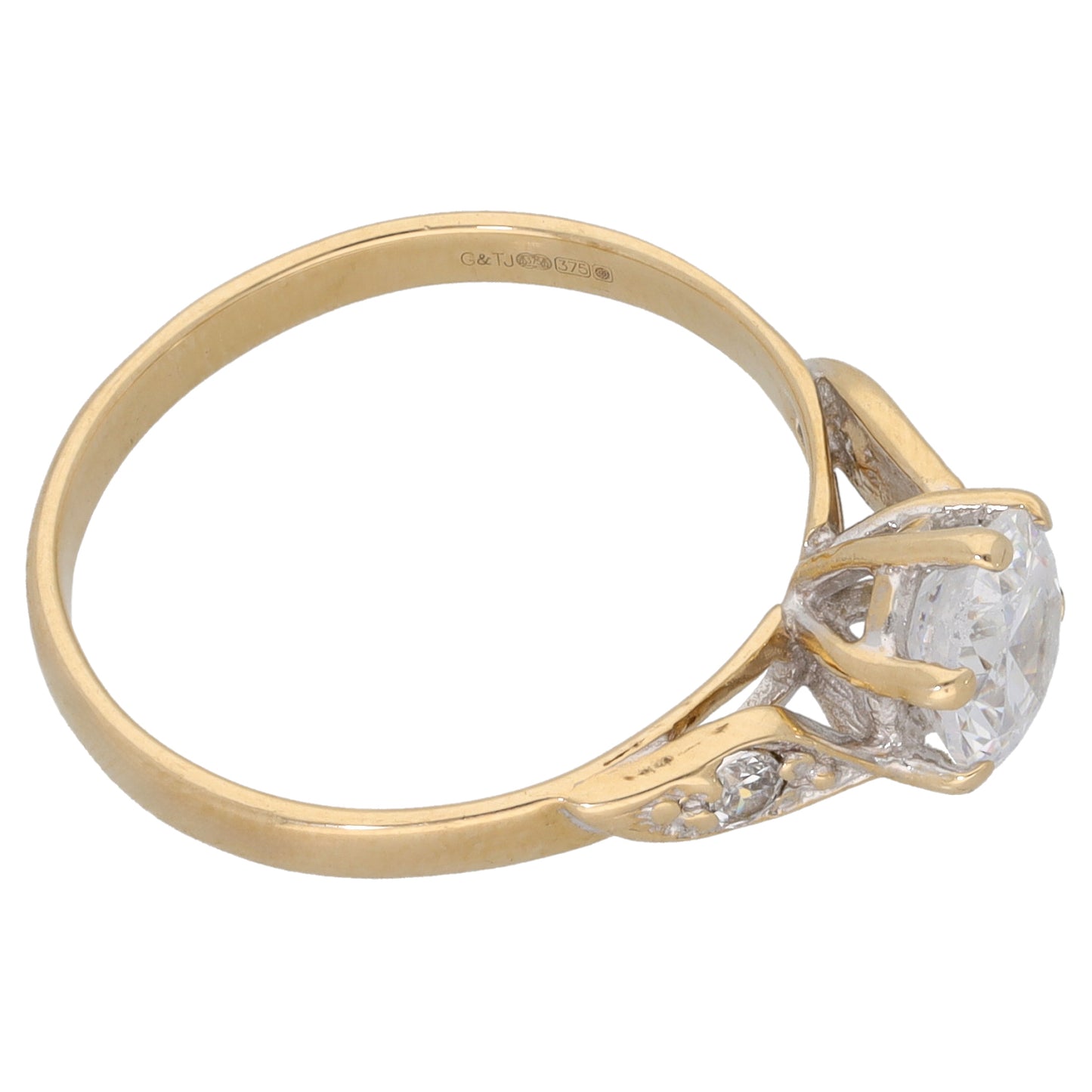 9ct Gold Cubic Zirconia Single Stone Ring with Accent Stones Size O