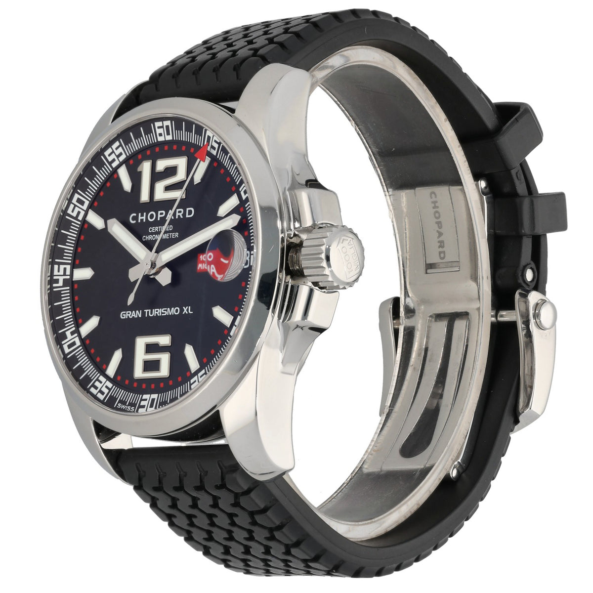 Chopard Mille Miglia 16/8997, black and red dial, on a stainless steel case, crown angle