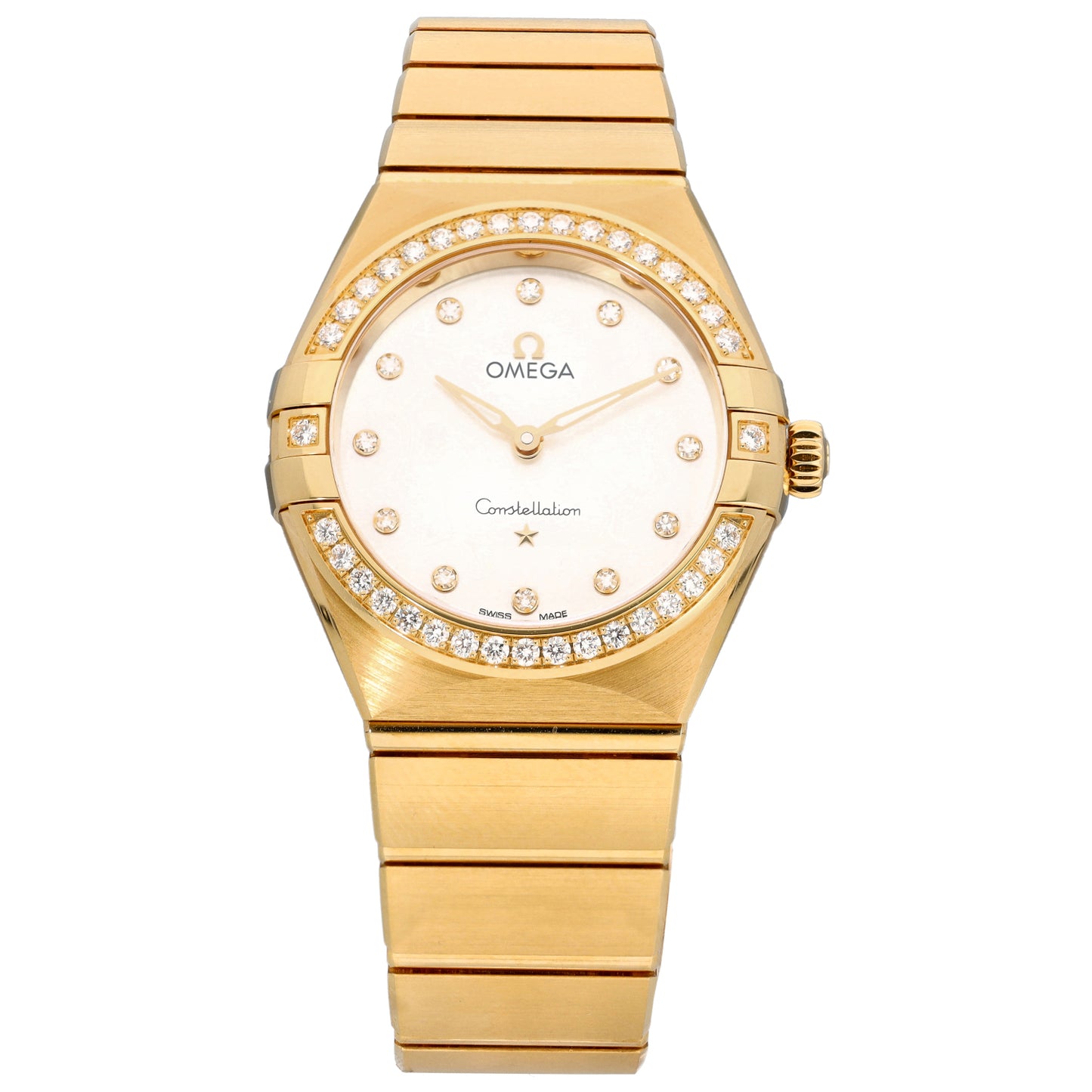 Gold-tone Omega Constellation 131.55.28.60.55.002 wristwatch with diamond bezel and white dial