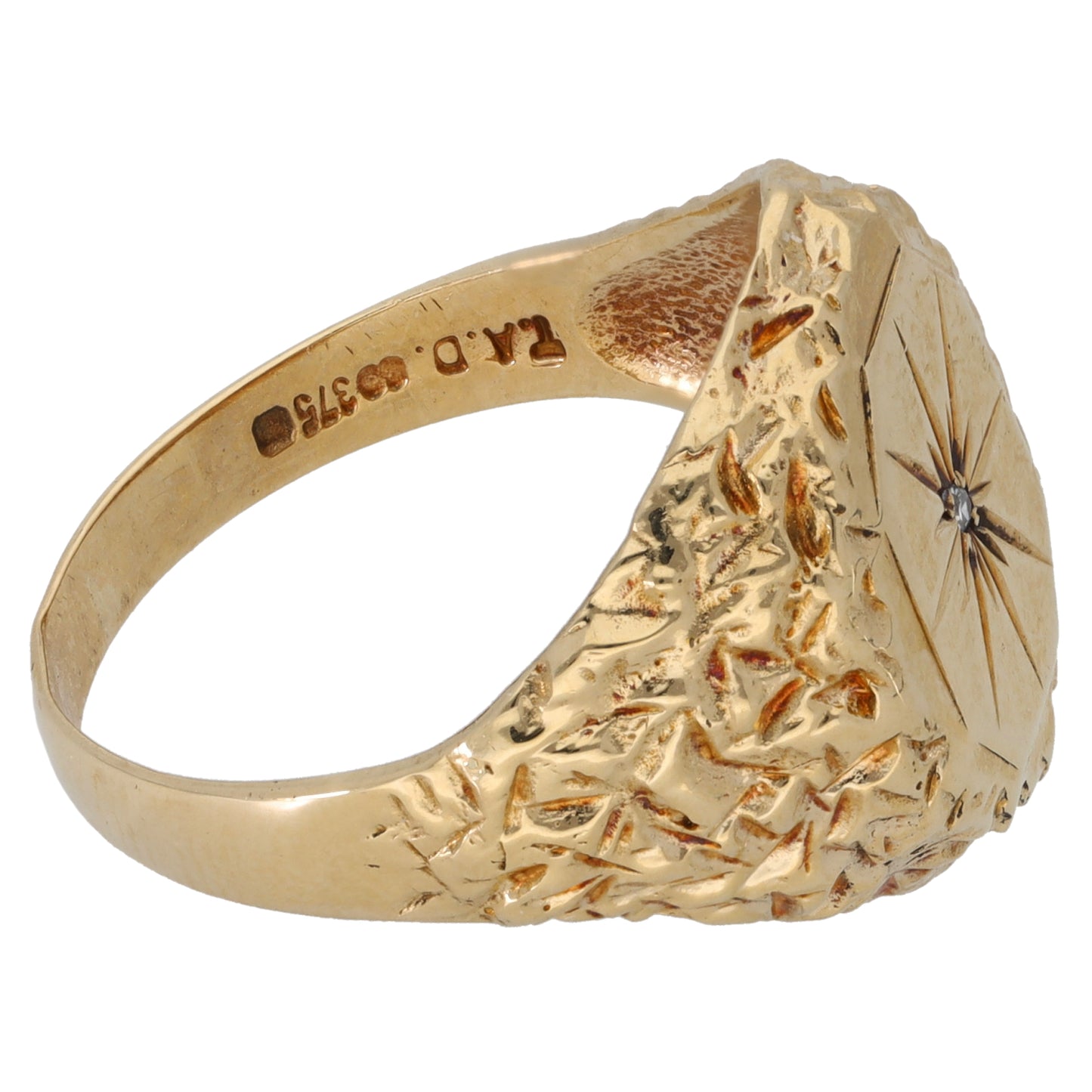 9ct Gold 0.01ct Diamond Patterned Single Stone Signet Ring Size U