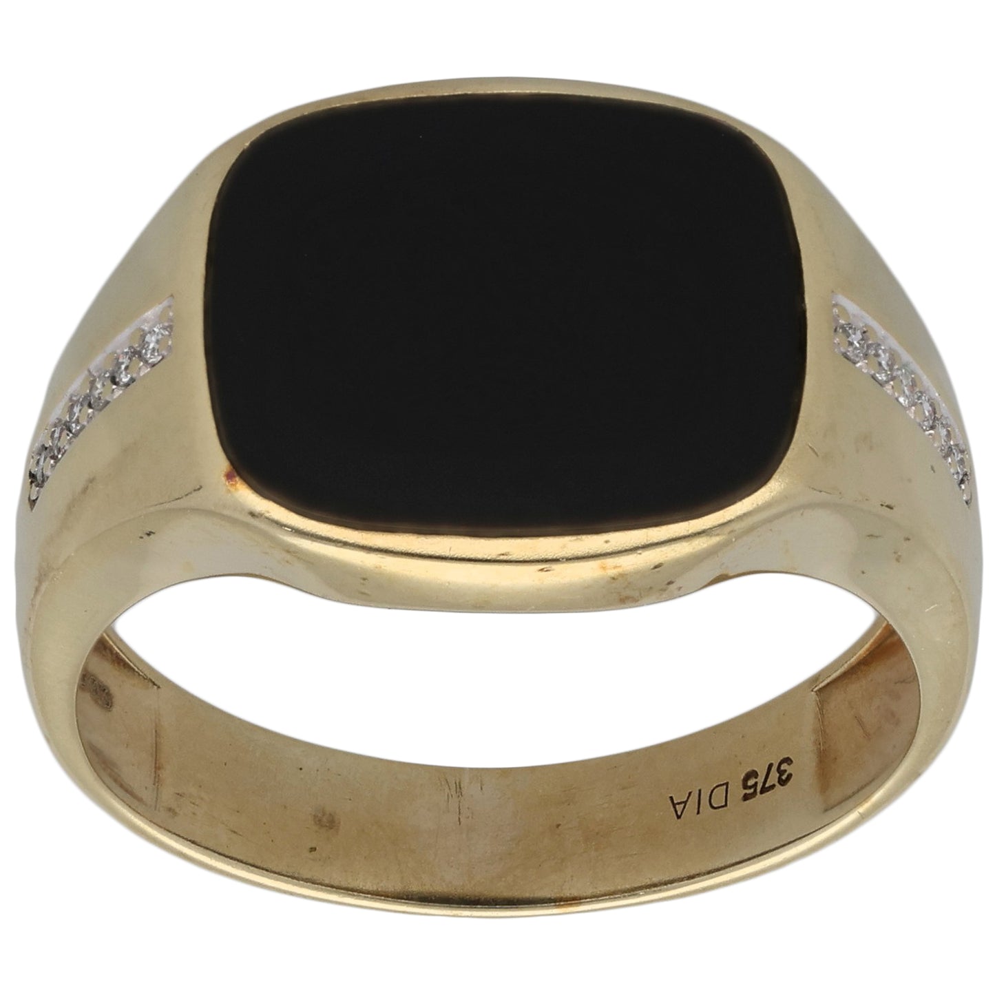 9ct Gold Onyx & 0.06ct Diamond Patterned Signet Ring Size Q