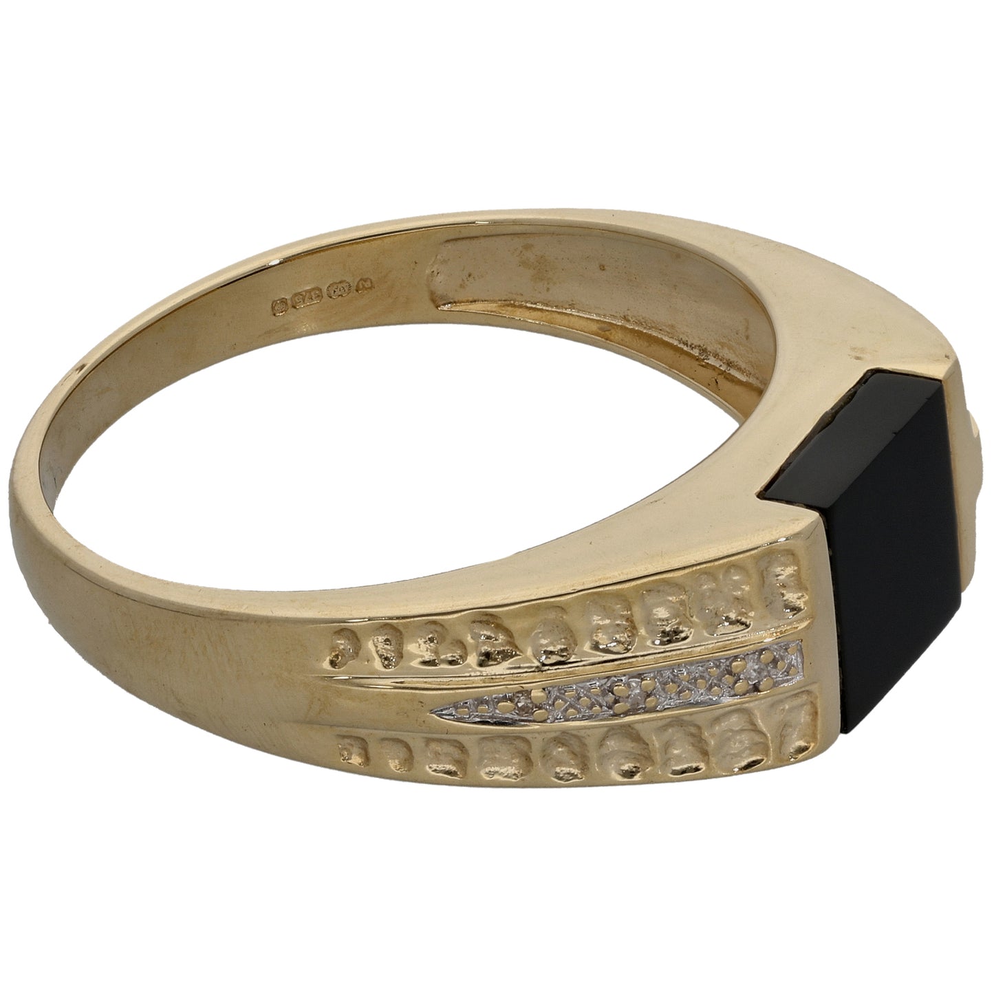 9ct Gold Onyx & 0.01ct Diamond Patterned Signet Ring Size Z+7