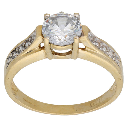 9ct Gold Cubic Zirconia Single Stone Ring with Accent Stones Size M