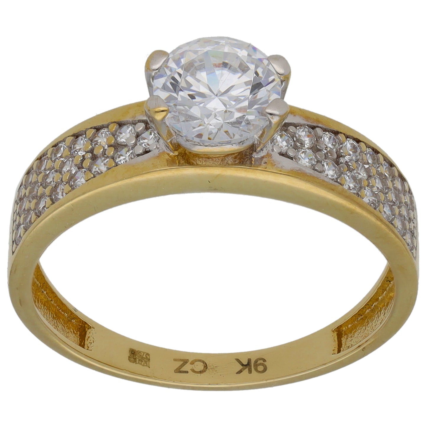9ct Gold Cubic Zirconia Single Stone Ring with Accent Stones Size R