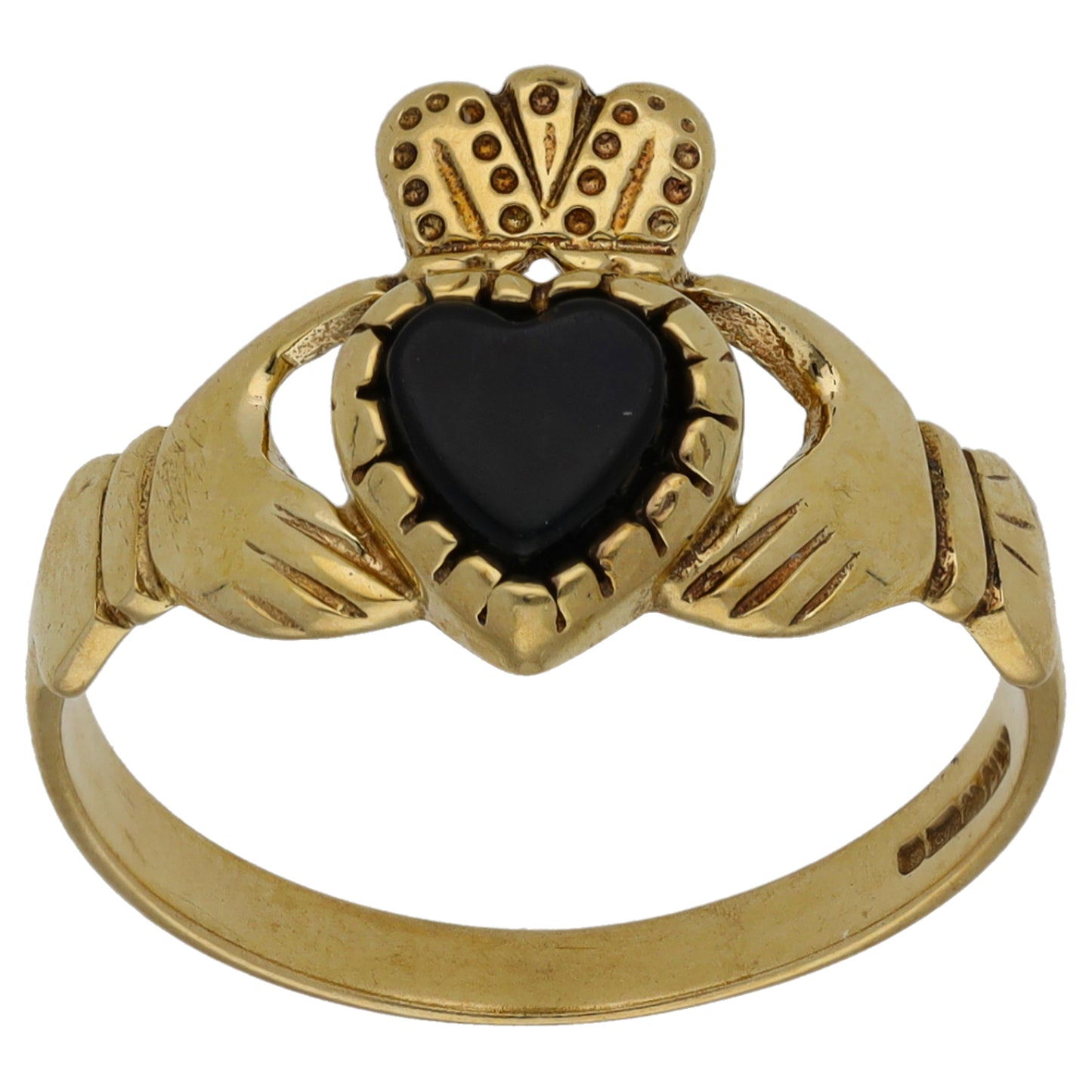 9ct Gold Onyx Single Stone Claddagh Ring Size Q