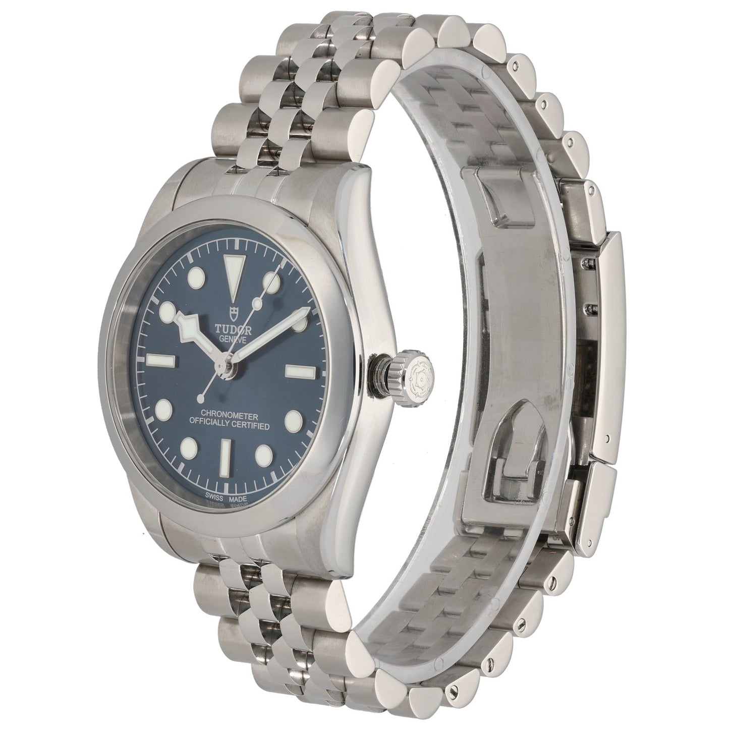 Tudor Vintage 79640 Stainless steel wristwatch side view, blue dial, crown and bracelet, Tudor logo