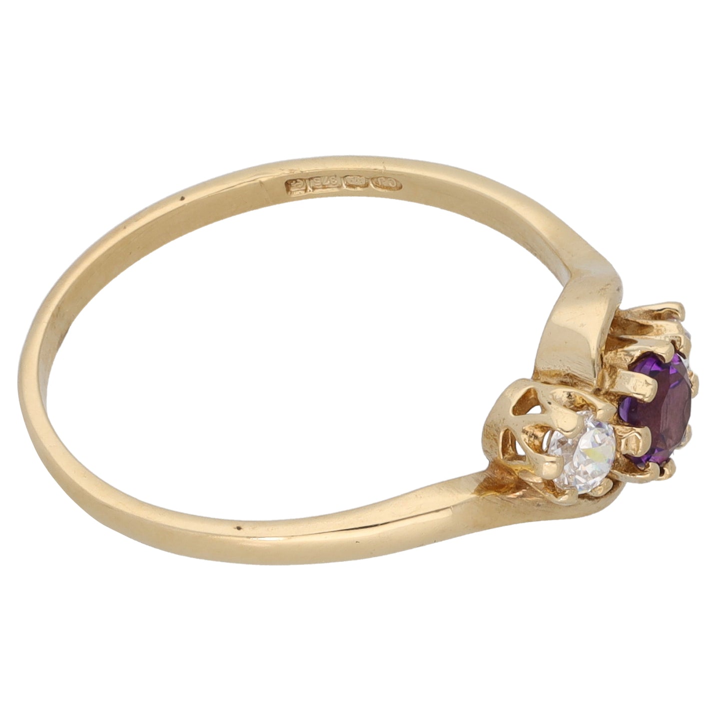 9ct Gold Amethyst & Cubic Zirconia Three Stone Ring Size N