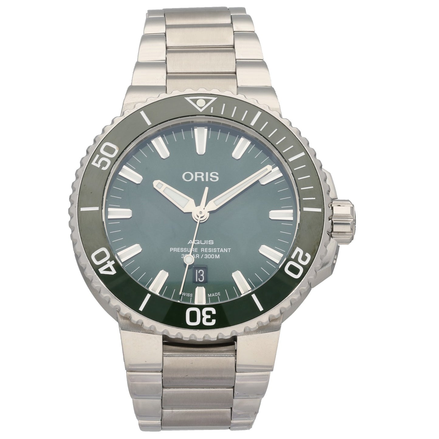 Oris Aquis 7730 Stainless steel diver watch with teal dial, numbered bezel, and metal bracelet