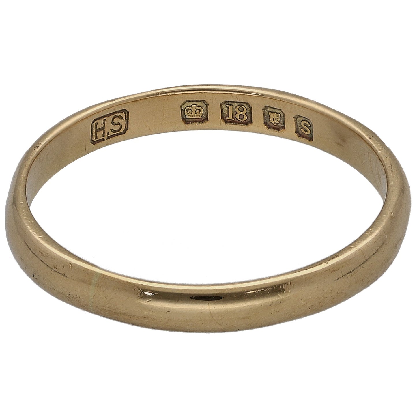 18ct gold wedding ring with hallmark stamps on inner edge, size N
