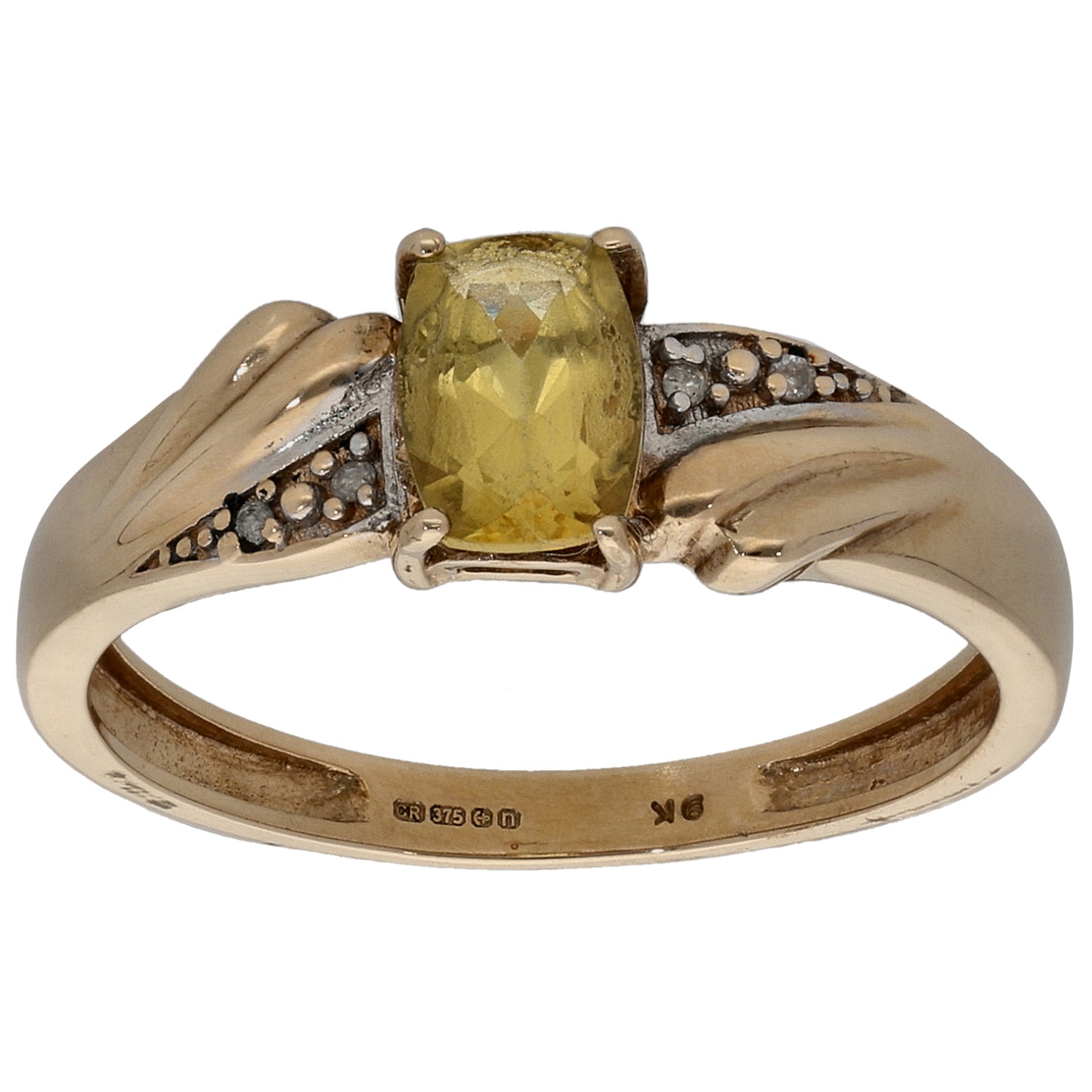 9ct Gold Citrine & 0.01ct Diamond Single Stone Ring with Accent Stones Size S