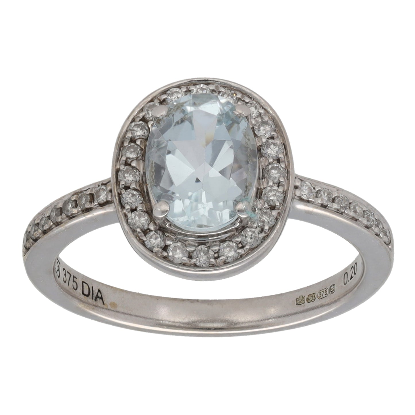 9ct White Gold Aquamarine & 0.20ct Diamond Dress/Cocktail Ring Size M