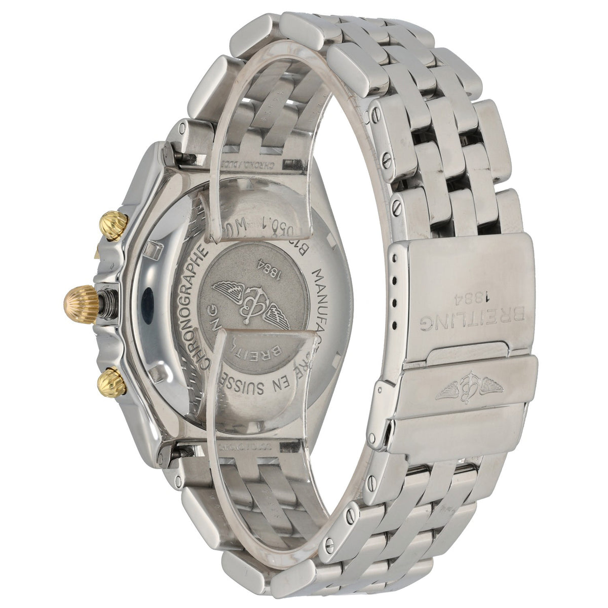 Breitling Chronomat B13050.1 Stainless steel bi-colour wristwatch caseback with metal bracelet and gold crown details.