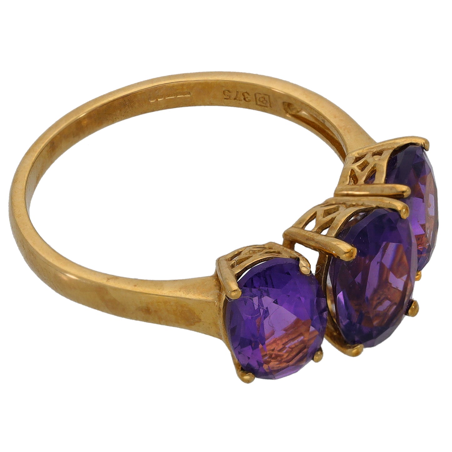 9ct Gold Amethyst Trilogy Ring Size S