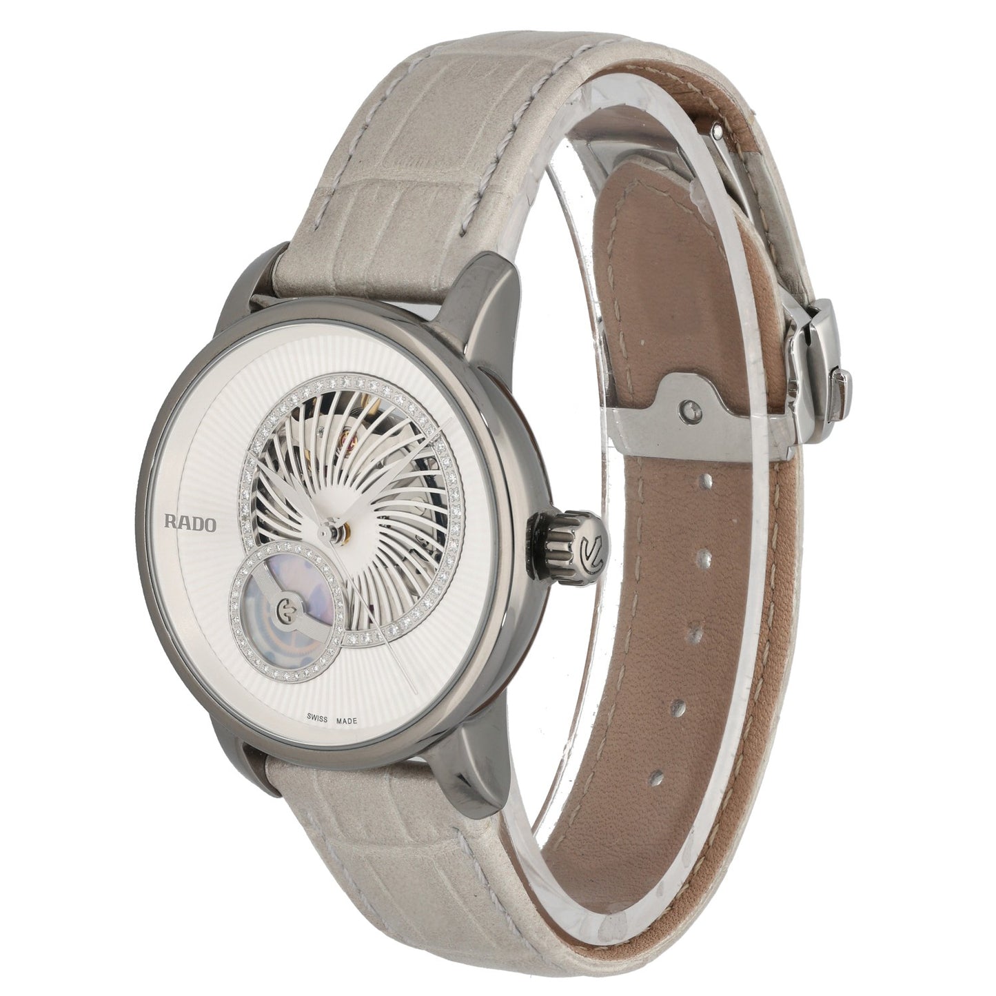 Rado DiaMaster Open Heart 734.6056.3, white and skeleton dial, in a plasma ceramic case front angle