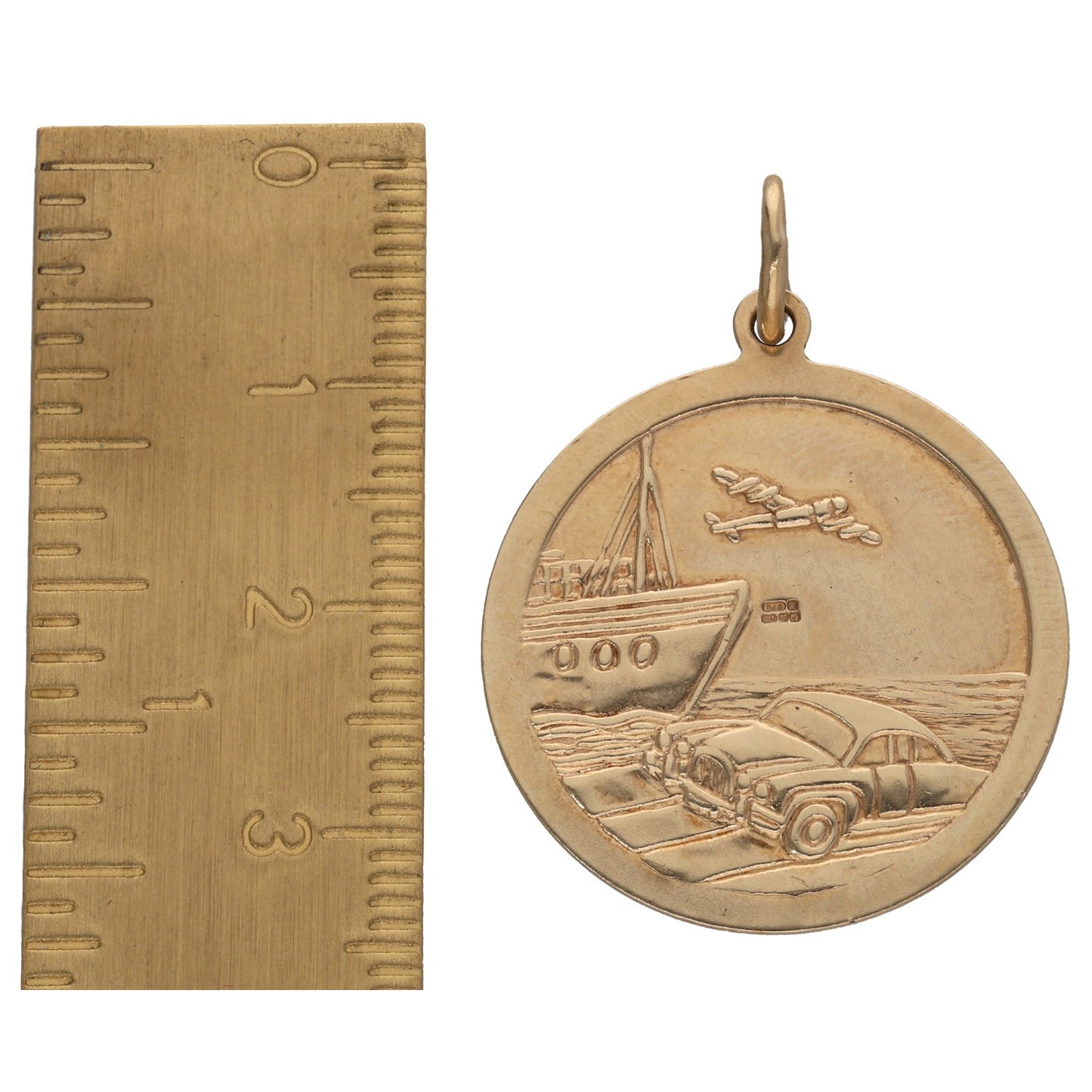 9ct gold St Christopher coin pendant with etched boat scene on reverse